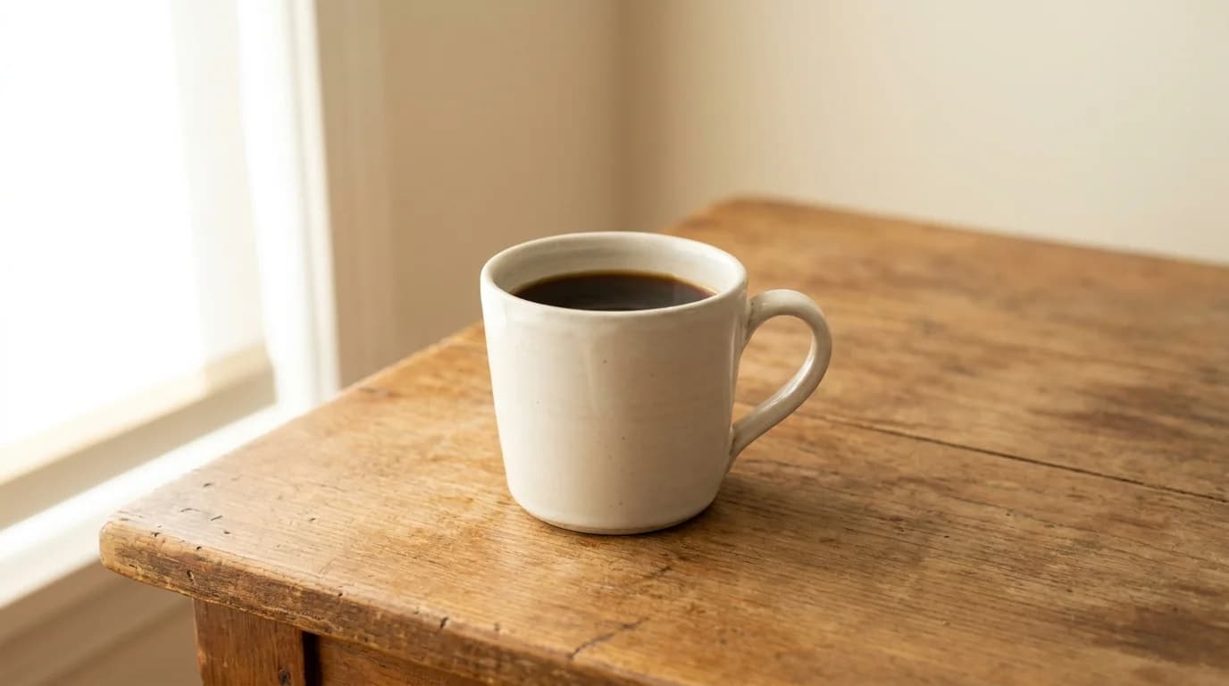 A single white ceramic mug of coffee on a bare wooden surface with soft morning window light, minimalist calm composition