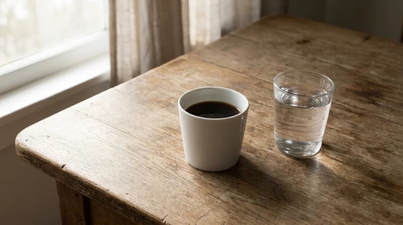 A single white ceramic mug of coffee beside a clear glass of water on a bare wooden surface, soft morning window light, minimalist composition