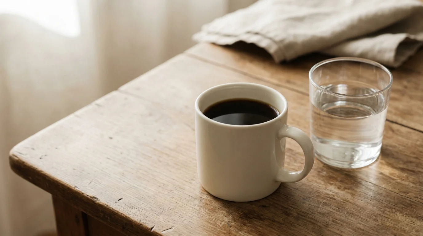 A white ceramic mug of coffee beside a clear glass of water on a bare wooden surface, soft morning window light, minimalist composition