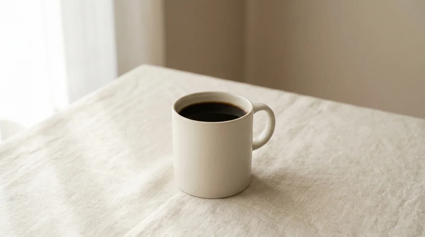 A single ceramic mug of black coffee on a bare linen surface, soft warm morning light, minimalist composition