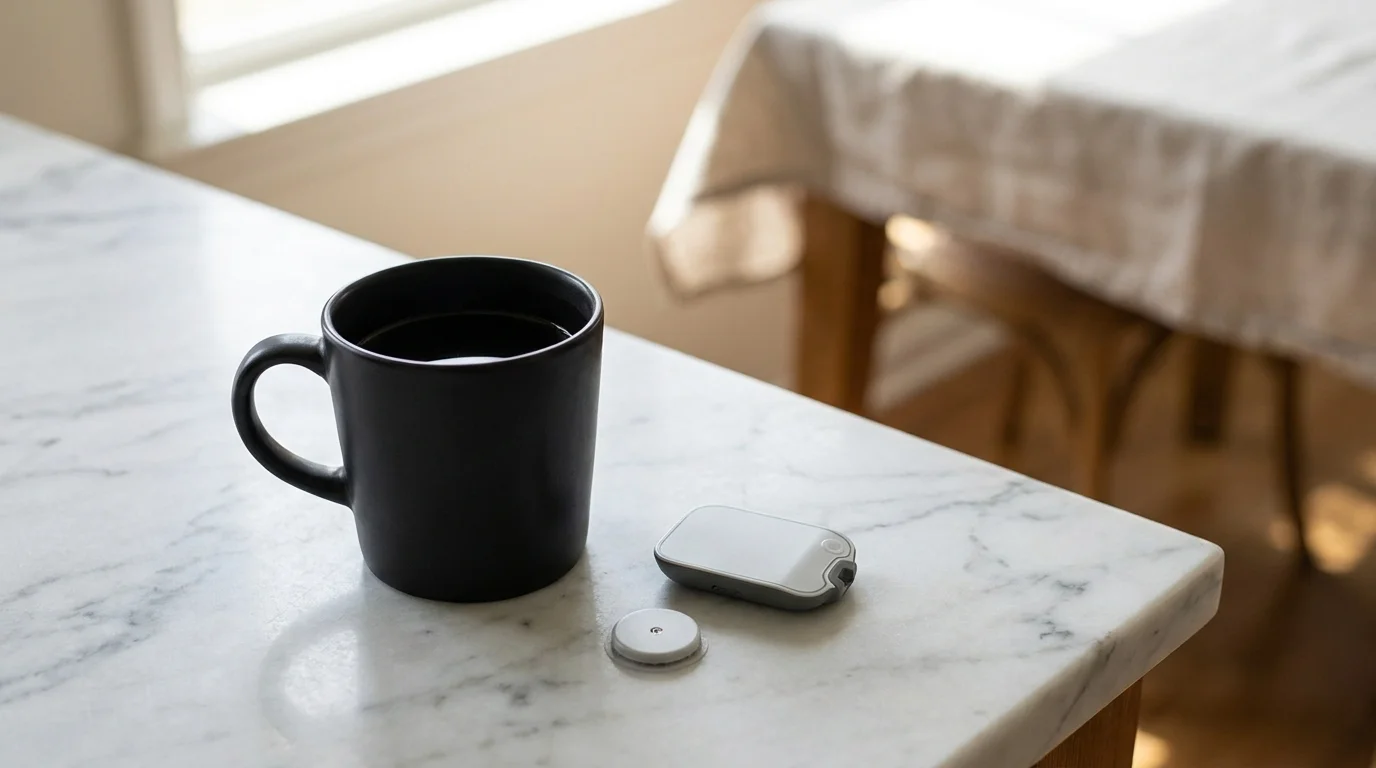 A black cup of coffee beside a continuous glucose monitor on a white surface, clean minimal composition, neutral light