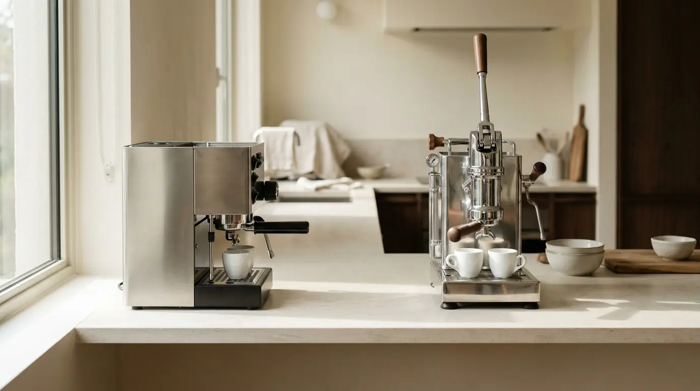 Two stainless espresso machines side by side on a pale stone counter in soft window light, one compact and one larger with a chrome group head, a small cup under each