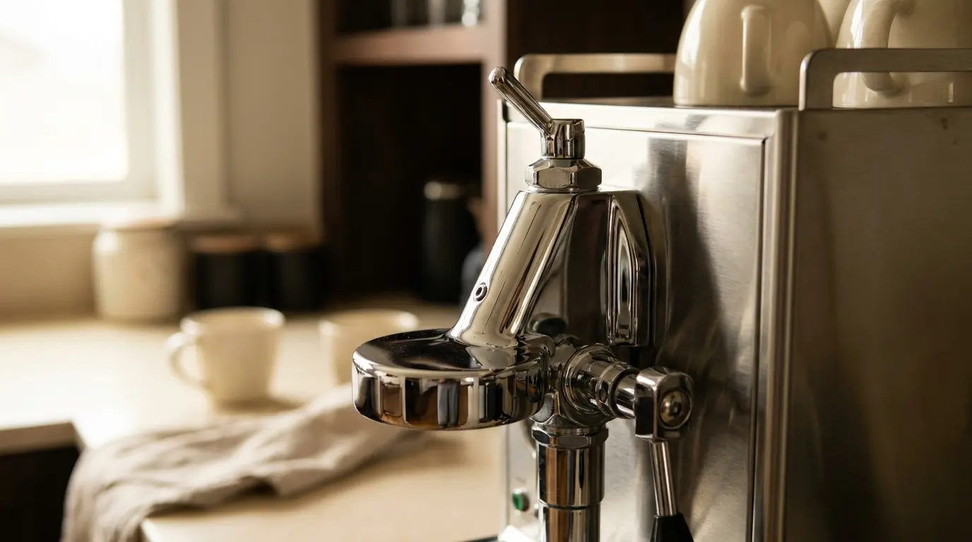 A close view of a polished chrome E61 group head with its lever raised on a stainless espresso machine, soft directional light picking out the curved casting, blurred warm background