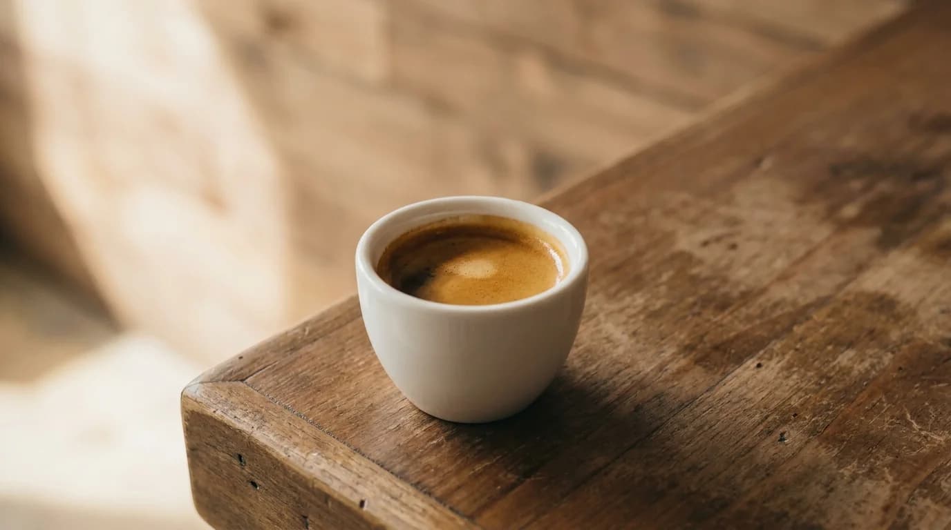 A single shot of espresso in a small white ceramic cup on a wooden bar surface, thick crema visible on top, soft warm daylight, minimalist composition