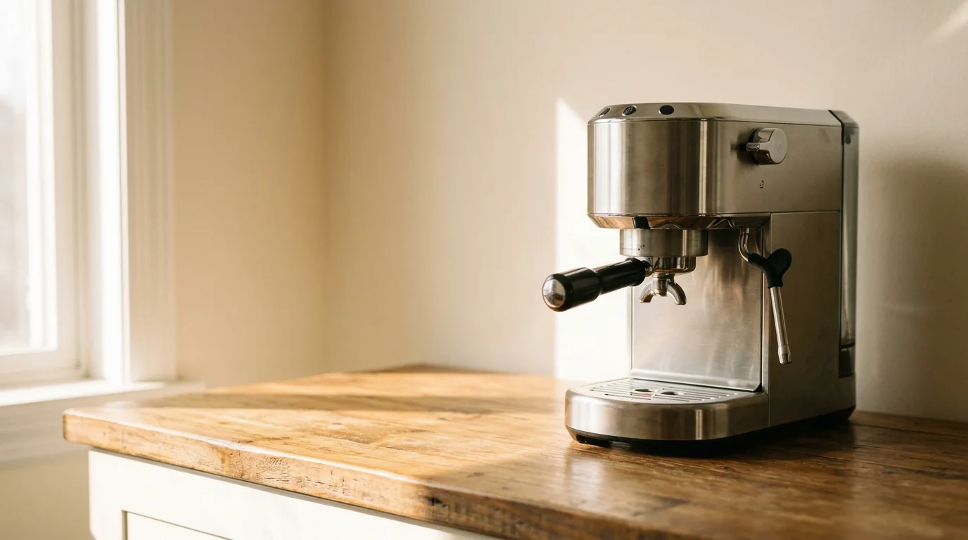 A silver semi-automatic espresso machine on a warm wooden countertop with soft morning window light from the left, minimalist composition
