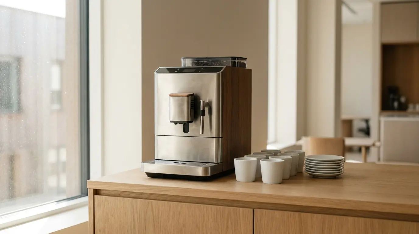 A compact bean-to-cup coffee machine on a clean office kitchen counter beside a row of plain white cups and a small stack of saucers, soft even daylight from a window
