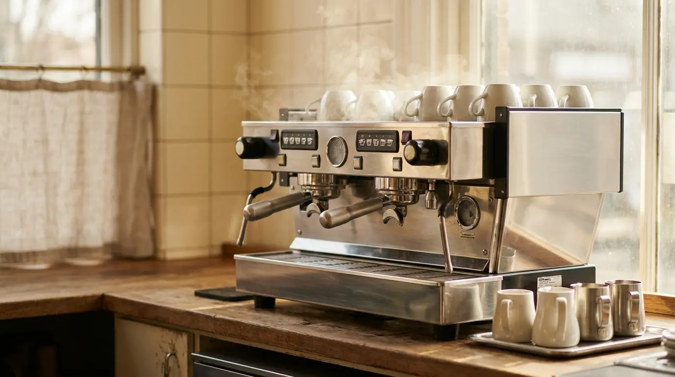 A stainless two-group commercial espresso machine on a cafe back bar in morning light, portafilters in the groups, a row of cups warming on top, clean uncluttered counter