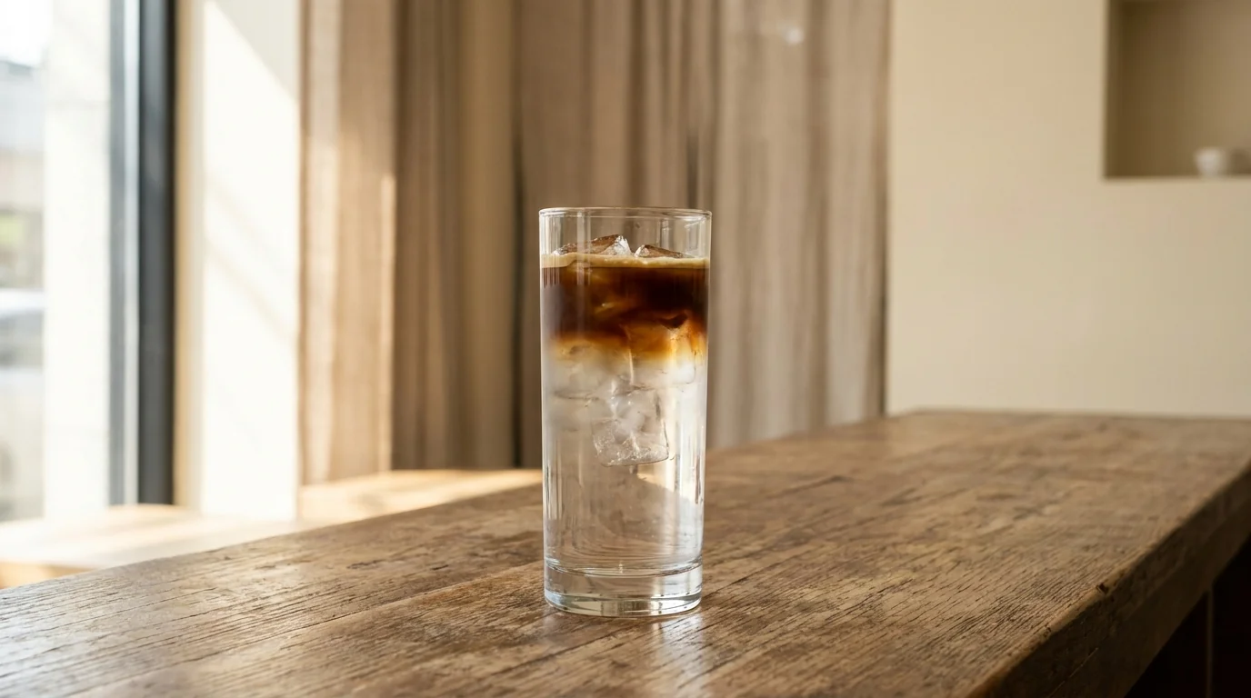 A tall clear glass of ice-filled espresso tonic with clear tonic water and dark espresso layer visible with a lemon or lime twist, on a wooden cafe bar surface, soft daylight from the side