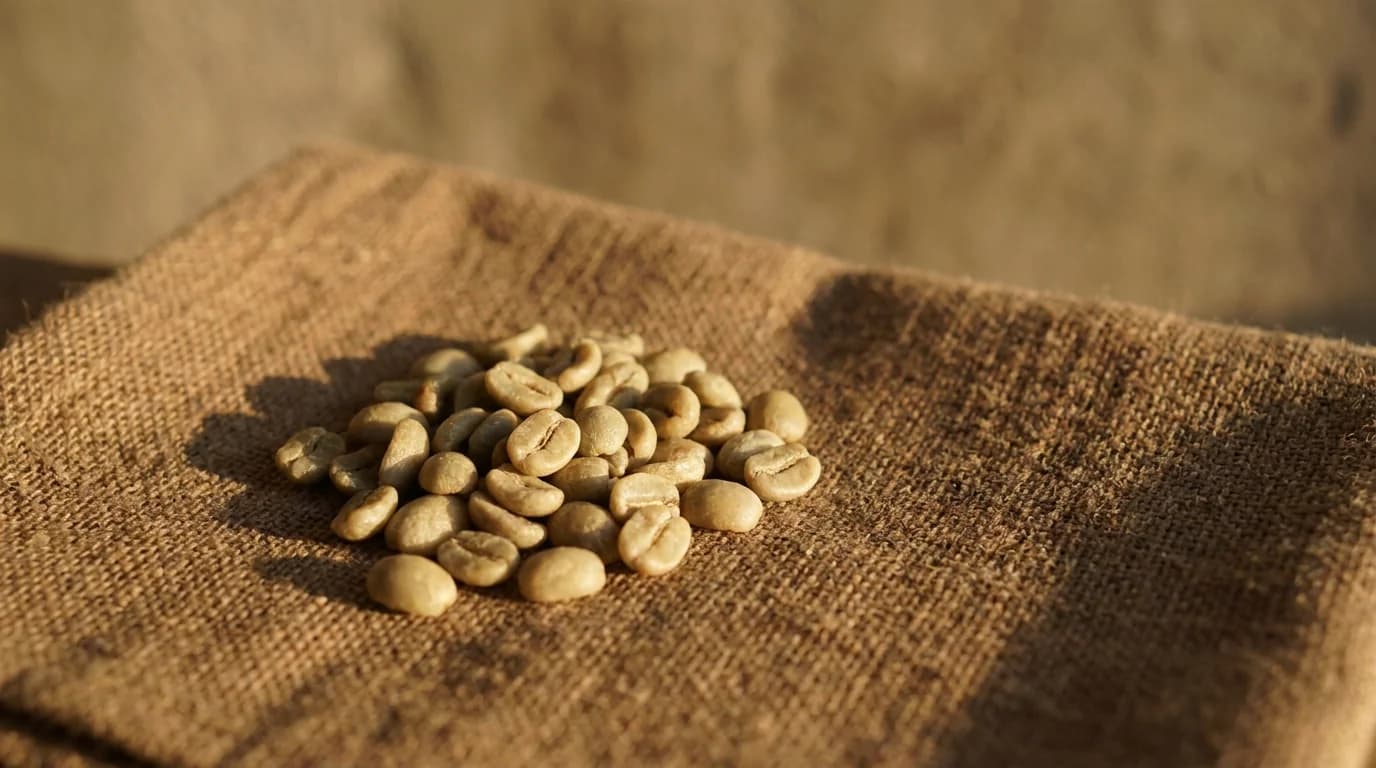 A small handful of green unroasted coffee beans on a rough hand-woven brown textile with warm afternoon daylight, minimalist earthy composition