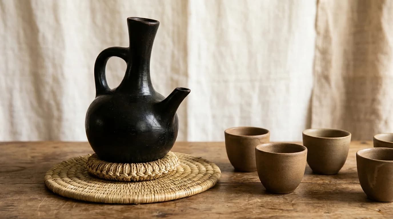 A traditional black clay jebena coffee pot with a long neck on a woven grass mat, small handleless cups arranged beside it, warm natural light, minimalist earthy composition