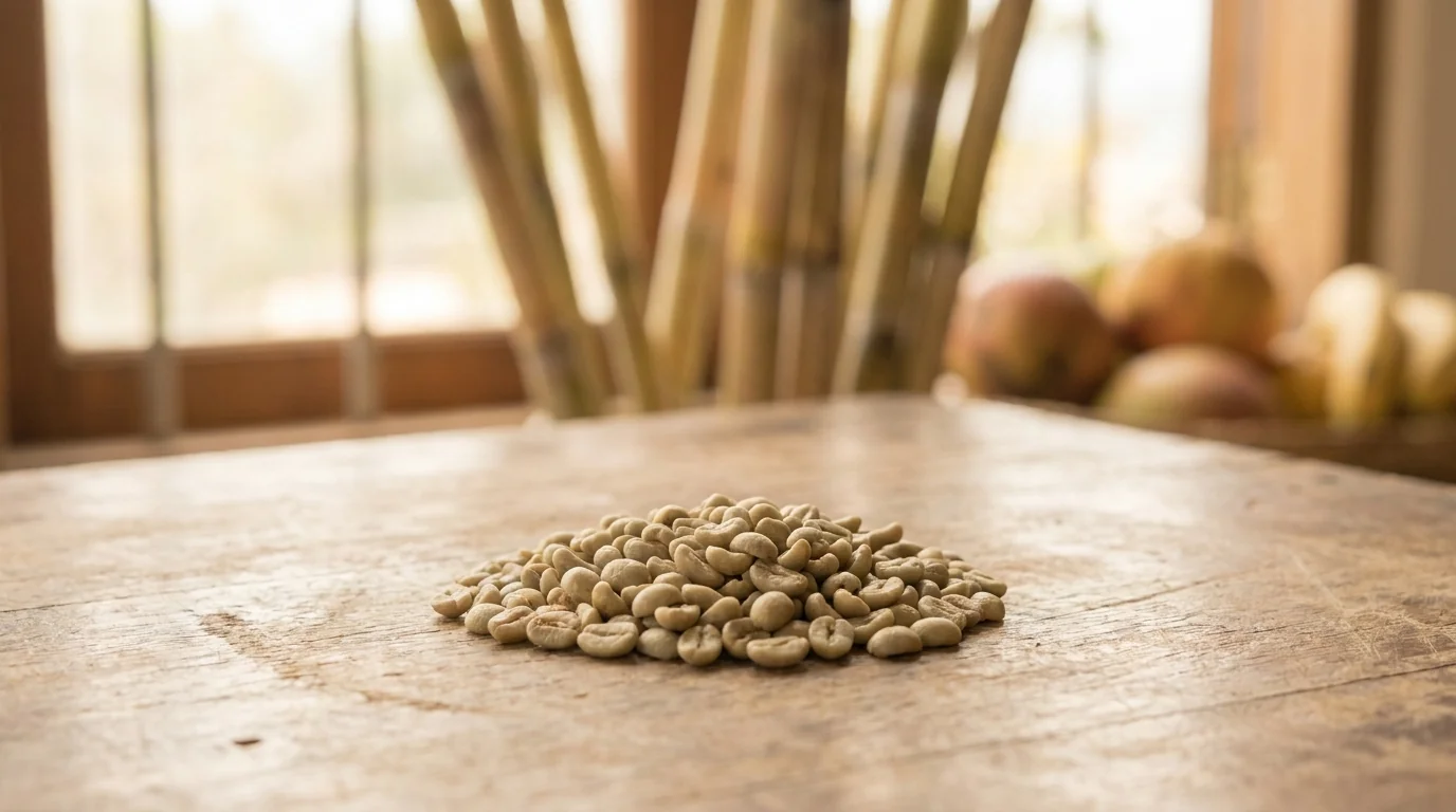 A small pile of green unroasted coffee beans on a bare wooden surface with a subtle backdrop of blurry sugarcane stalks out of focus, soft warm daylight, minimalist composition