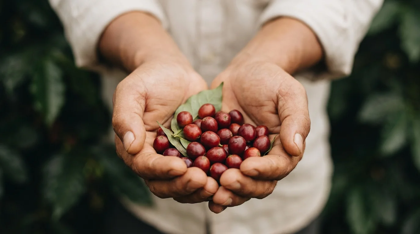 A close-up of a person's hands cupping a small pile of ripe red coffee cherries, warm earthy tones, natural light, minimalist composition suggesting farming and care