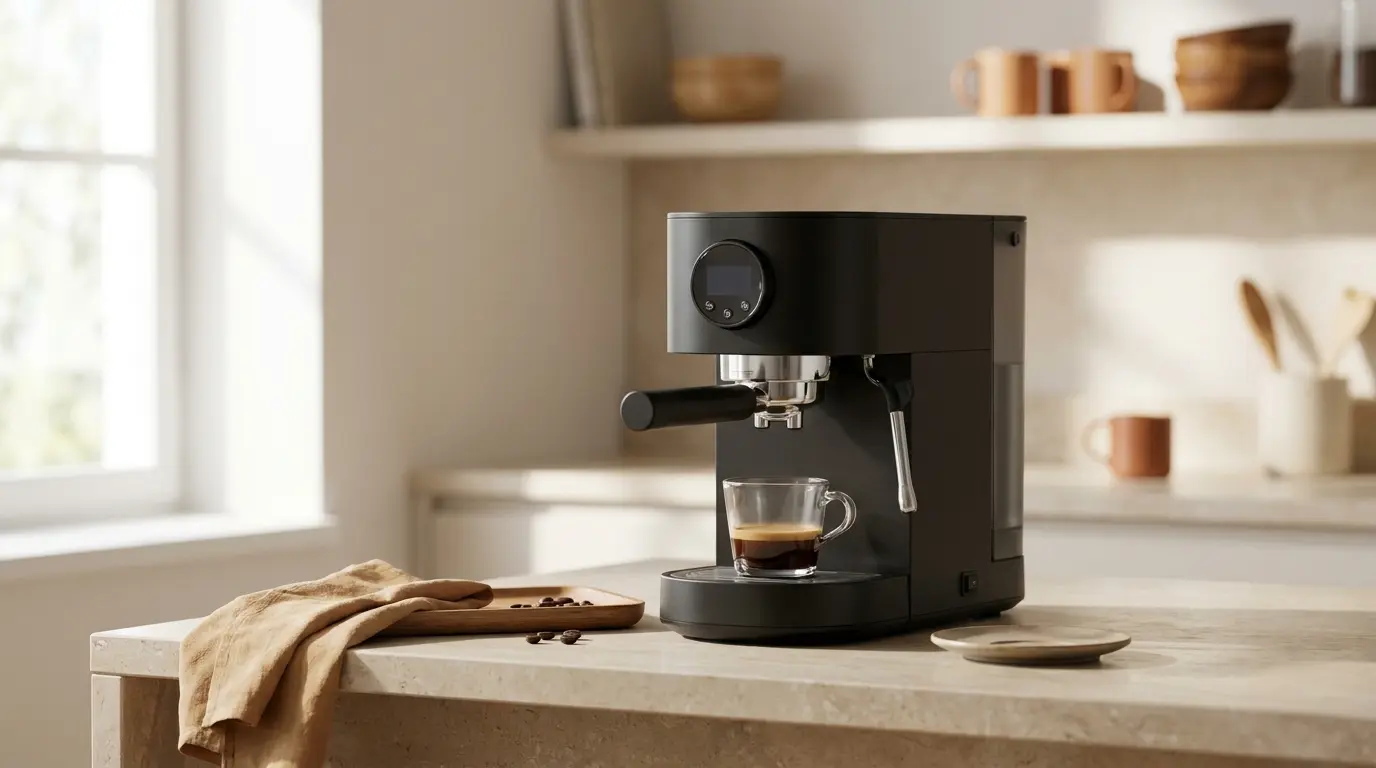 A matte black compact espresso machine with a small round display and a front lever on a pale stone counter, a glass cup beneath the portafilter, soft directional window light