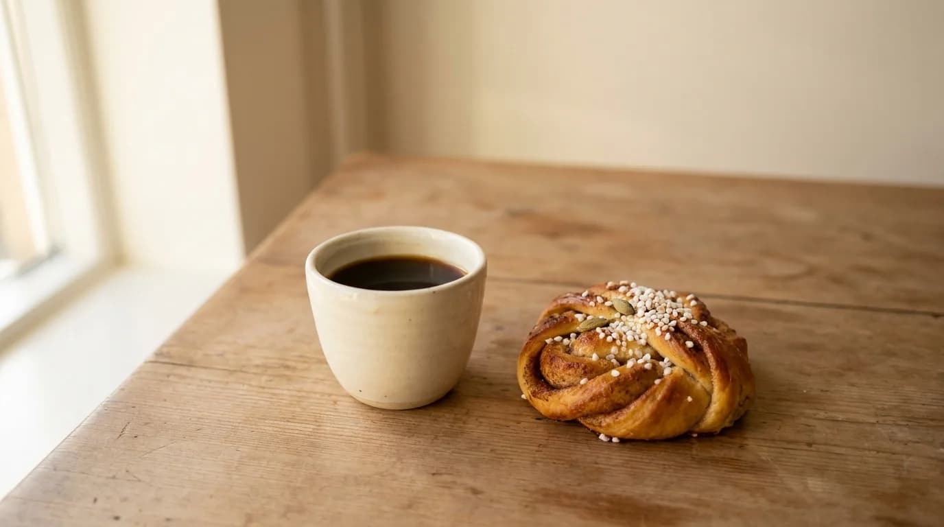 A small ceramic cup of dark coffee beside a Swedish cinnamon bun on a bare wooden table with warm afternoon daylight, minimalist Scandinavian composition