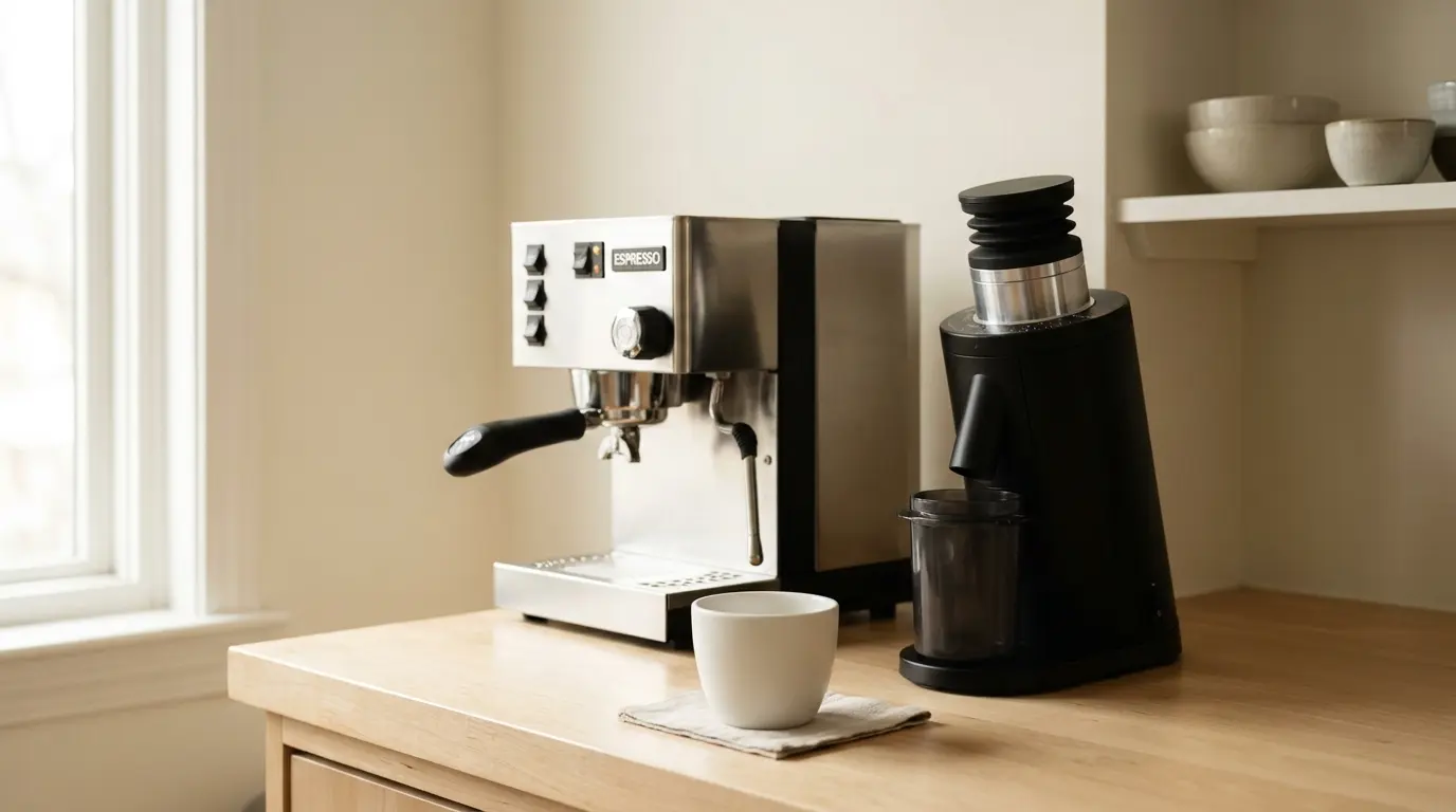 A small stainless espresso machine and a separate burr grinder standing side by side on a pale wooden kitchen counter, one white cup in front, soft morning window light