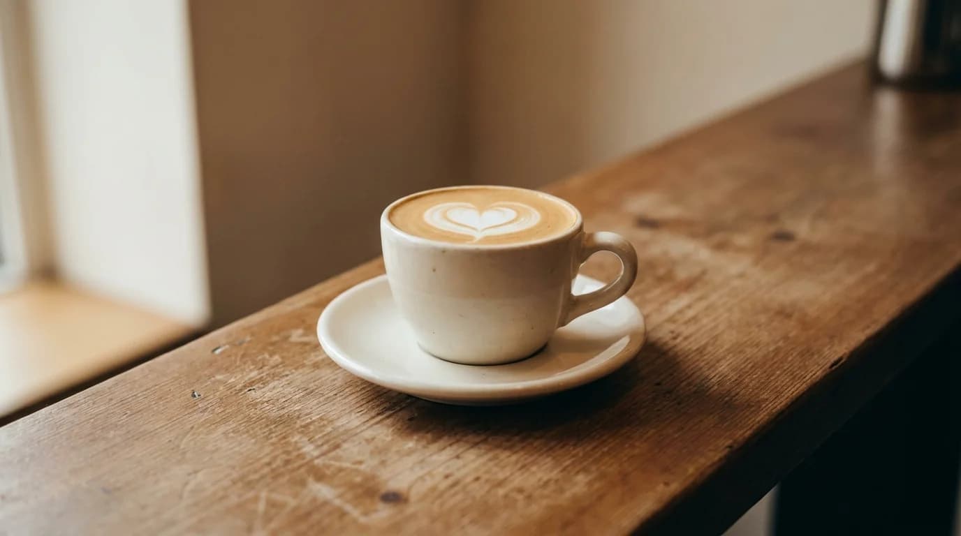 A single small white ceramic cup on a saucer holding a flat white with silky microfoam and simple heart latte art on top, wooden cafe bar surface, soft warm daylight