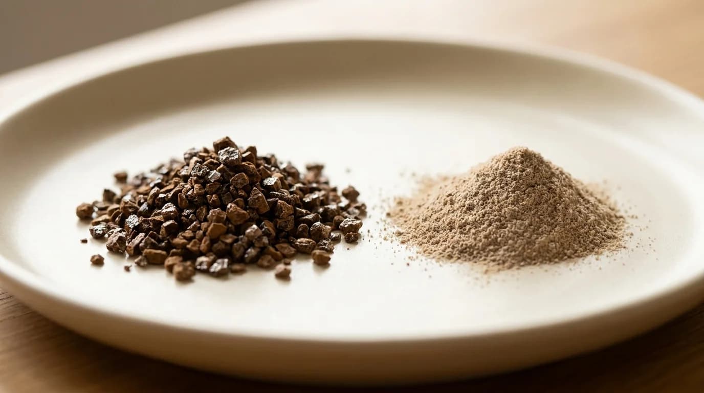 A macro close-up of two small piles of instant coffee side by side on a matte cream ceramic plate — chunky crystalline freeze-dried granules on the left, fine spray-dried powder on the right