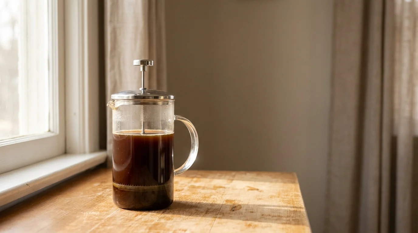 A classic glass French press on a wooden countertop, coffee visible through the glass with the plunger raised, soft warm morning light from the left, minimalist composition