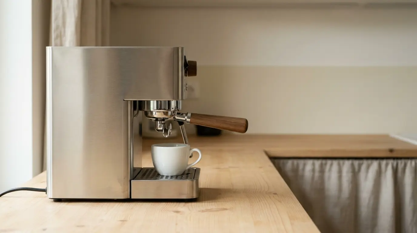 A small boxy stainless espresso machine with a chrome portafilter locked in, on a pale wooden counter in soft side light, a single white demitasse beneath the spout