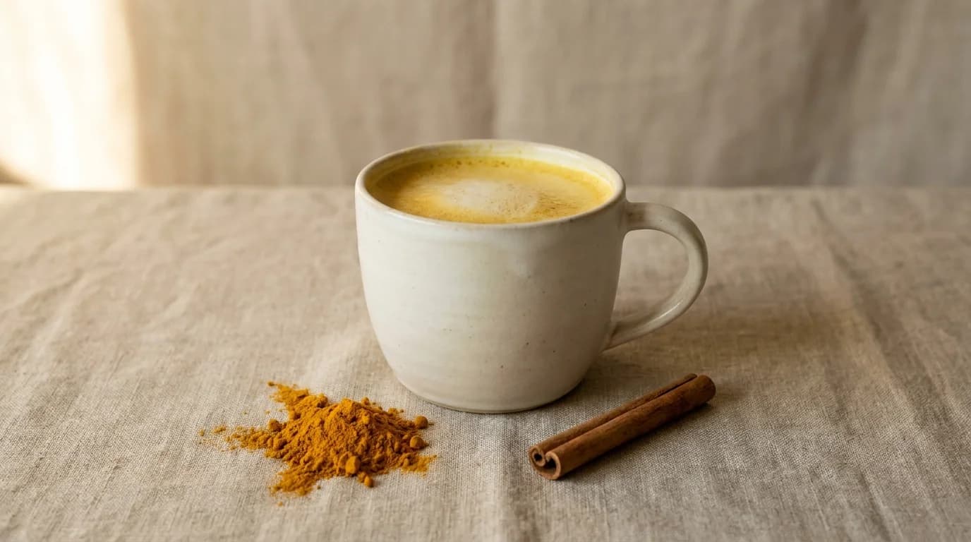 A ceramic mug filled with vibrant golden-yellow turmeric latte with subtle foam on top on a natural linen surface with ground turmeric and a cinnamon stick beside the mug