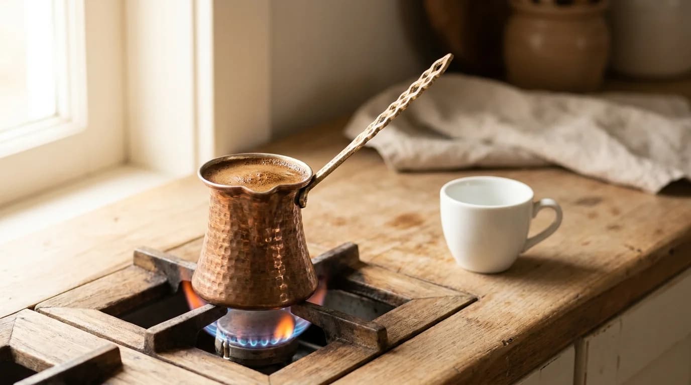 Two small white ceramic cups of thick dark Greek coffee on a marble café table, a glass of cold water beside each cup, soft Mediterranean daylight, minimal composition