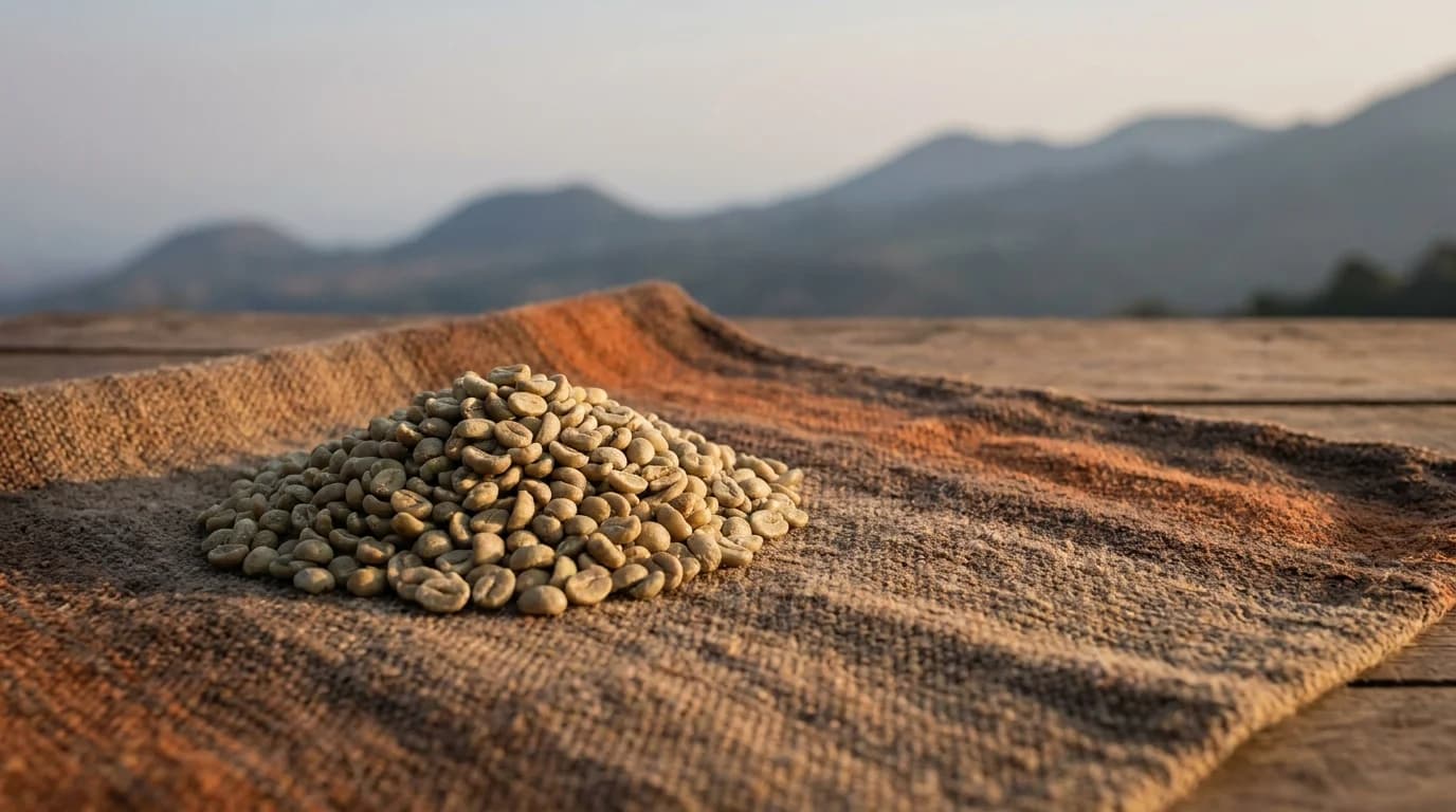 A small pile of green unroasted coffee beans on a rough hand-woven textile with warm afternoon daylight from the side, minimalist earthy composition suggesting Central American highland origin, nothing else in frame