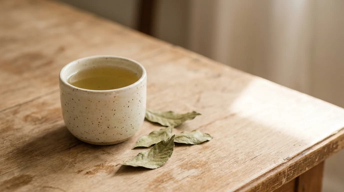 A small ceramic cup filled with pale green-gold guayusa tea on a bare wooden surface with a scattering of dried whole guayusa leaves beside it, soft warm daylight