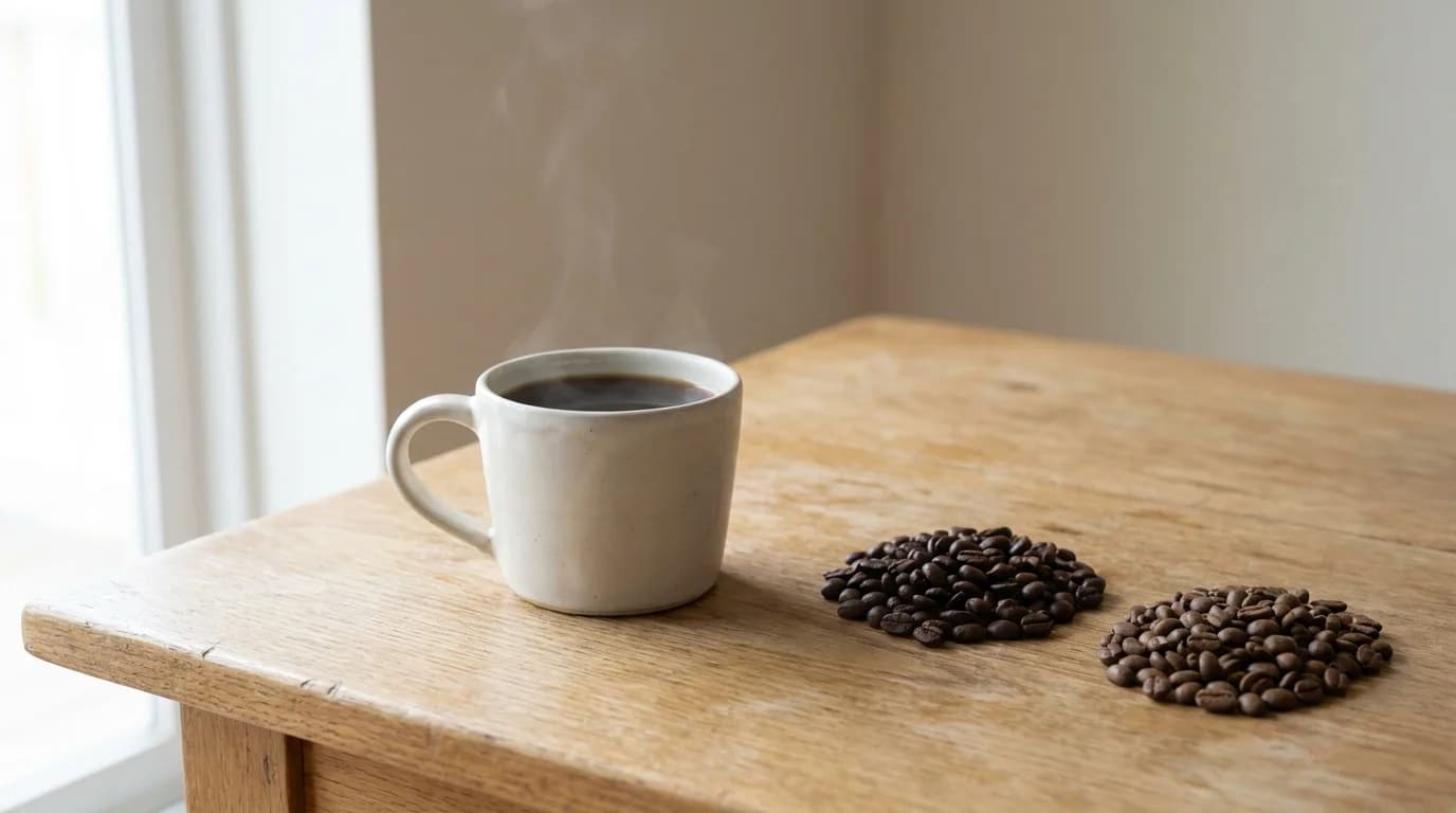 A single ceramic mug of dark coffee on a bare wooden surface with two small piles of whole coffee beans of slightly different colours beside it representing a caffeinated and decaf blend