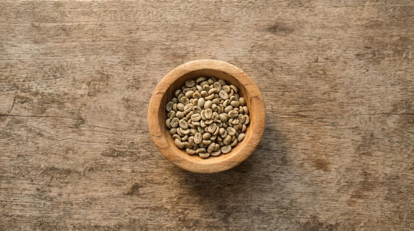A small handful of green unroasted coffee beans on a rough hand-woven textile with soft warm daylight, minimalist earthy composition