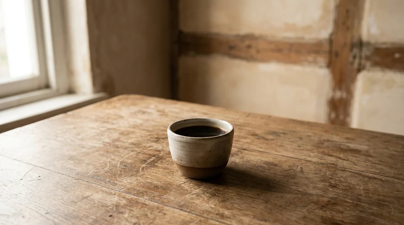 A small ceramic cup of dark coffee on a bare wooden table in a warmly lit room with soft window light, quiet historical mood, minimalist composition