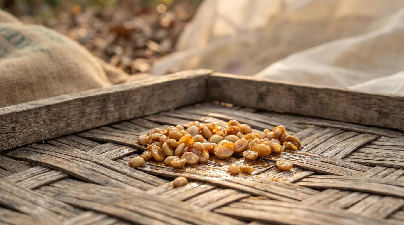 Coffee beans with sticky amber mucilage coating spread on a raised drying bed in warm sunlight, golden tones, minimal composition