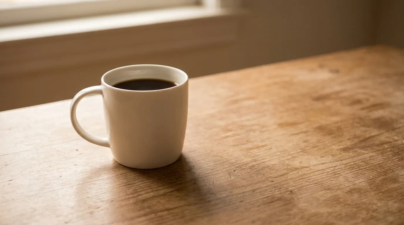 On a bare wooden surface, a white ceramic mug of black coffee on a bare wooden surface with soft morning window light casting a gentle shadow, minimalist composition suggesting alertness returning