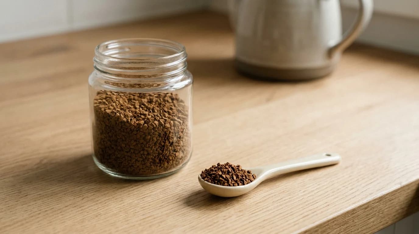 An open glass jar of freeze-dried instant coffee granules on a light wooden countertop, a small ceramic spoon beside it holding a scoop of dark granules, soft diffused daylight