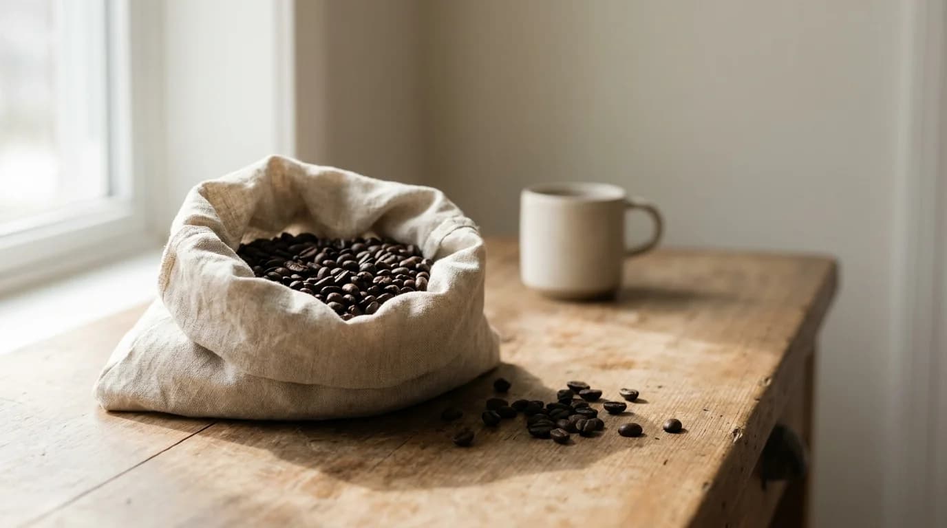 An open bag of roasted whole bean coffee on a wooden countertop, a few dark beans scattered beside it, soft window light from the left, minimal composition