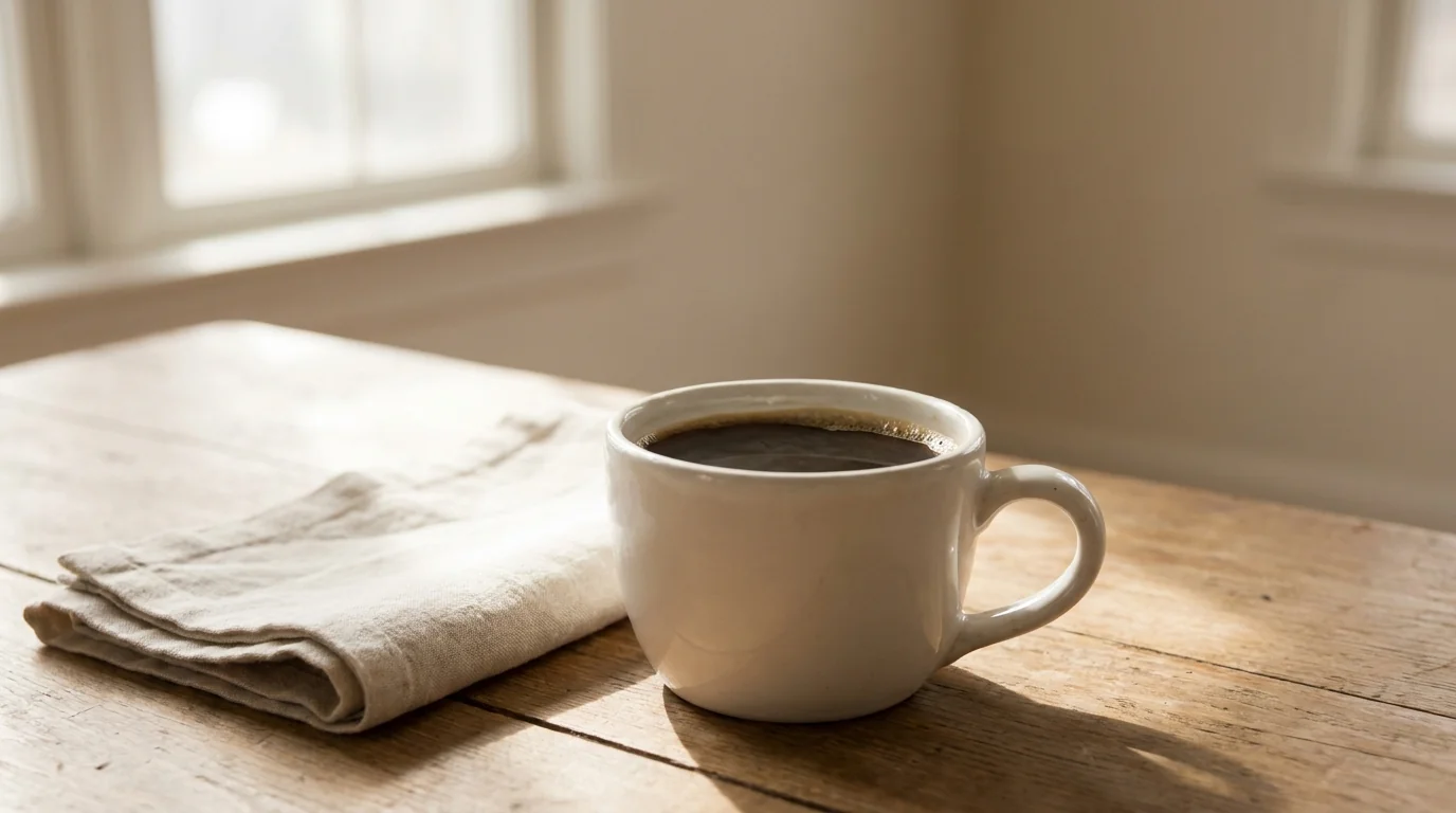 A single white ceramic mug of freshly brewed black coffee on a bare wooden table, morning window light, a folded linen napkin resting beside it