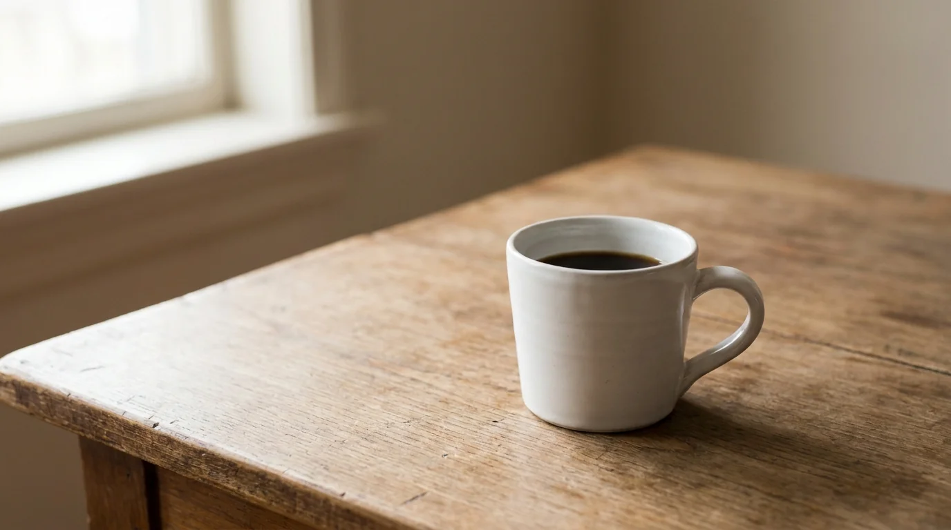 Set on a bare wooden surface, a white ceramic mug of black coffee on a bare wooden surface with soft morning window light, minimalist composition, calm mood