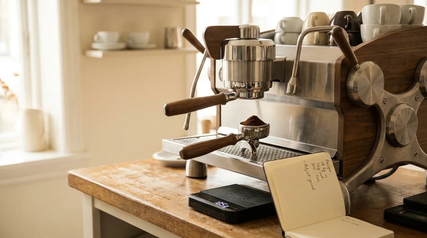 A barista in a white apron pulling an espresso shot behind a commercial bar, soft morning light, minimalist café setting, focus on the portafilter and espresso machine