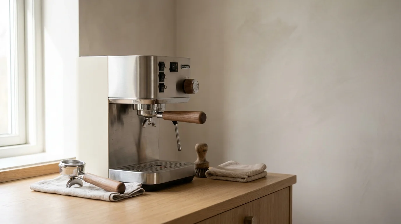 A home espresso machine with a portafilter resting on the group head beside a small cleaning brush and a cloth on a kitchen counter, soft morning window light, clean minimal composition
