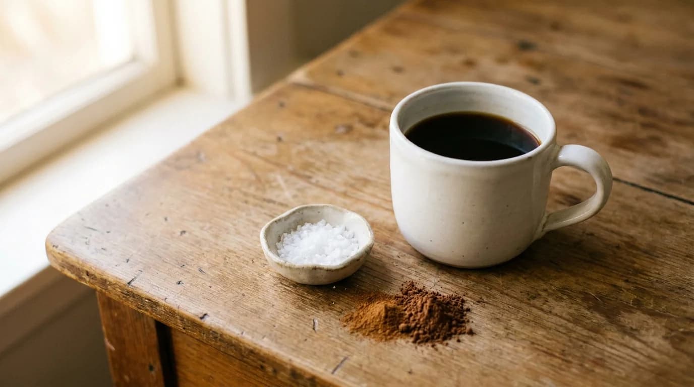 A white ceramic mug of dark coffee on a bare wooden surface with a small ceramic pinch pot of salt and a small pile of ground cinnamon or cocoa beside it, soft warm daylight