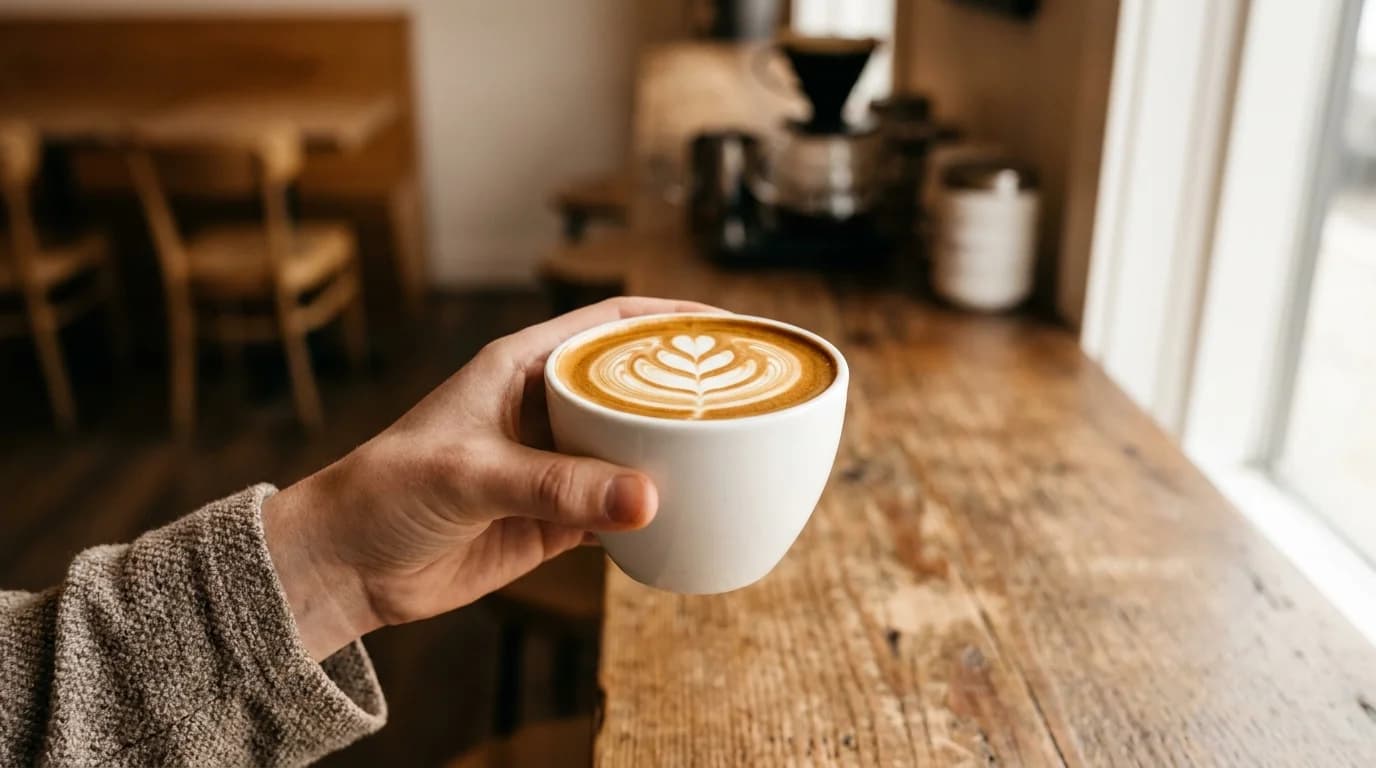 A white ceramic cup held in two hands with a clearly formed rosetta latte art pattern in the microfoam, warm café lighting, close-up editorial composition