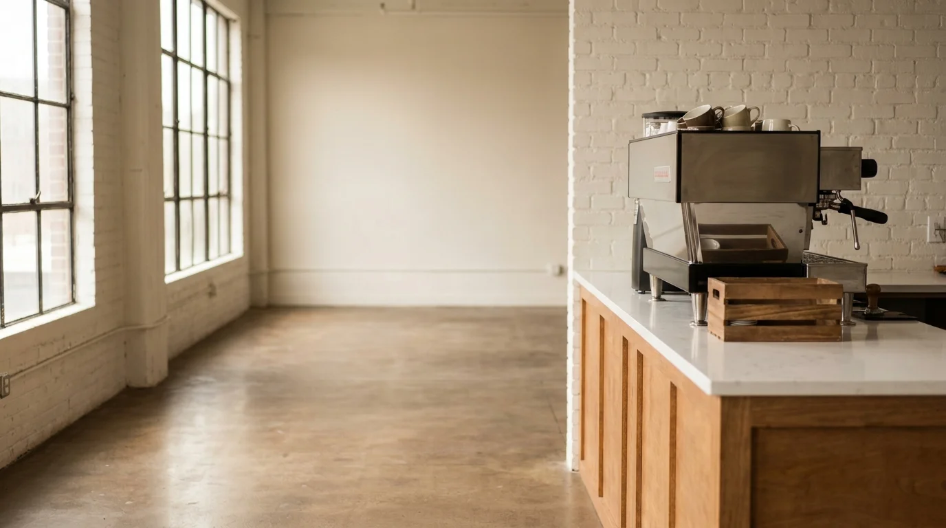 An empty coffee shop interior being set up, bare concrete floors, a commercial espresso machine on a white counter, large windows with soft natural morning light