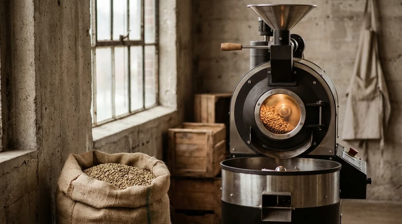 A small commercial coffee roaster with green beans loaded in the hopper, warm orange glow from the roasting drum visible, industrial space with exposed beams, clean minimal photography