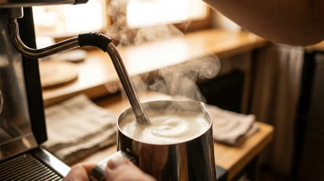 A stainless steel milk pitcher being held near a steam wand, steam visible, swirling milk below, warm café lighting, close-up editorial shot