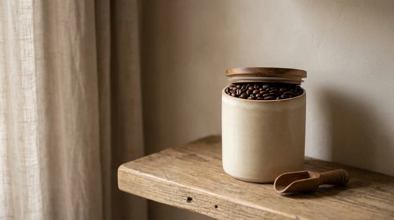 A sealed glass jar of whole roasted coffee beans on a wooden kitchen shelf, a small scoop resting beside it, warm ambient light, minimal composition