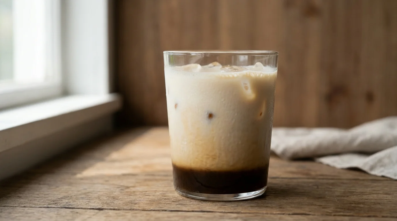 A tall clear glass of iced latte with visible espresso and milk layers over ice, on a wooden surface, soft natural daylight from the side, minimalist composition