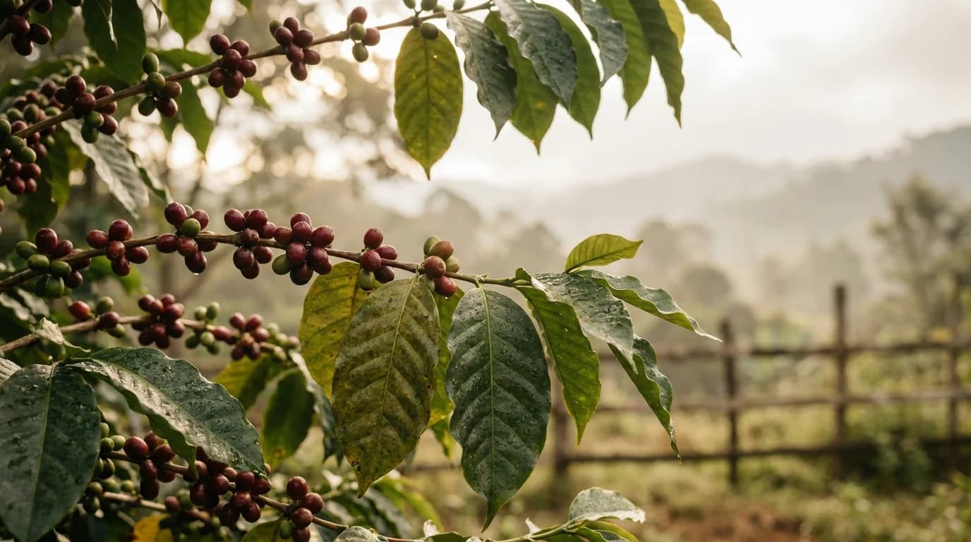 Coffee cherries on branches with large tropical leaves in soft dappled light, warm green and red tones, an Indian highland coffee plantation setting, minimal composition