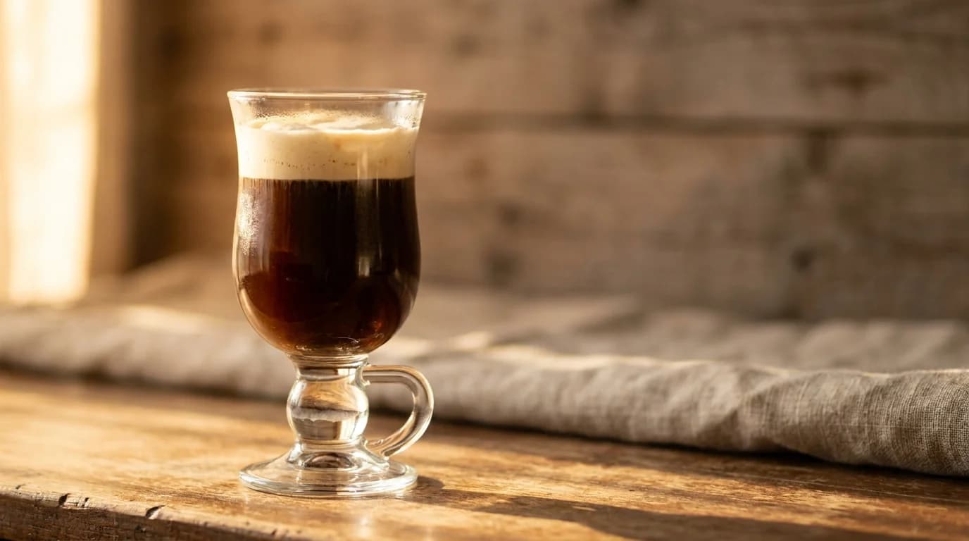 A footed Irish coffee glass on a wooden bar surface holding dark coffee topped with a distinctive layer of lightly-whipped cream, warm evening light, minimalist composition