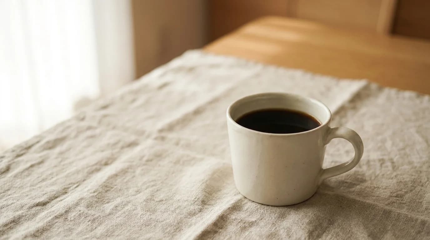 A white ceramic coffee mug rests on a bare linen surface, morning window light, calm minimalist composition