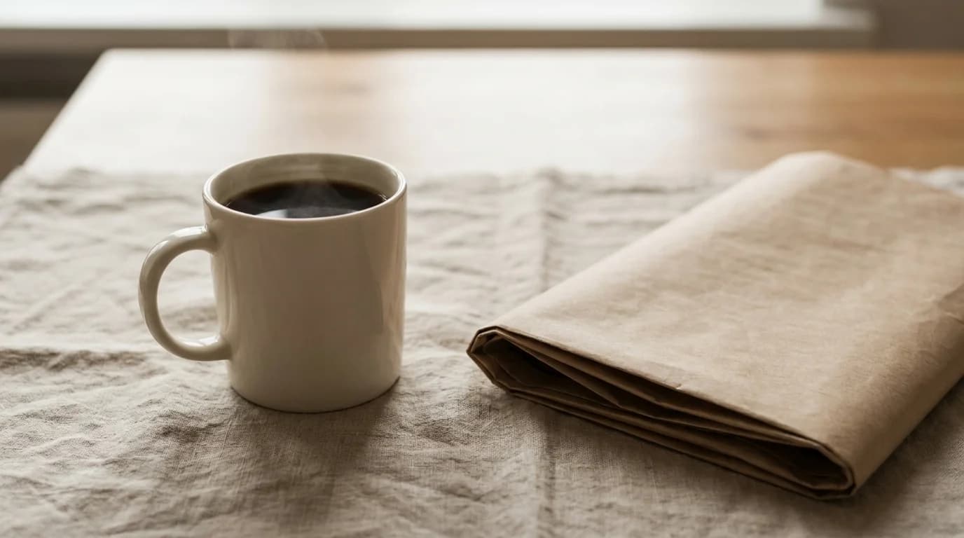 A simple white mug of instant coffee, steam gently rising, on a linen tablecloth beside a folded newspaper, soft morning window light