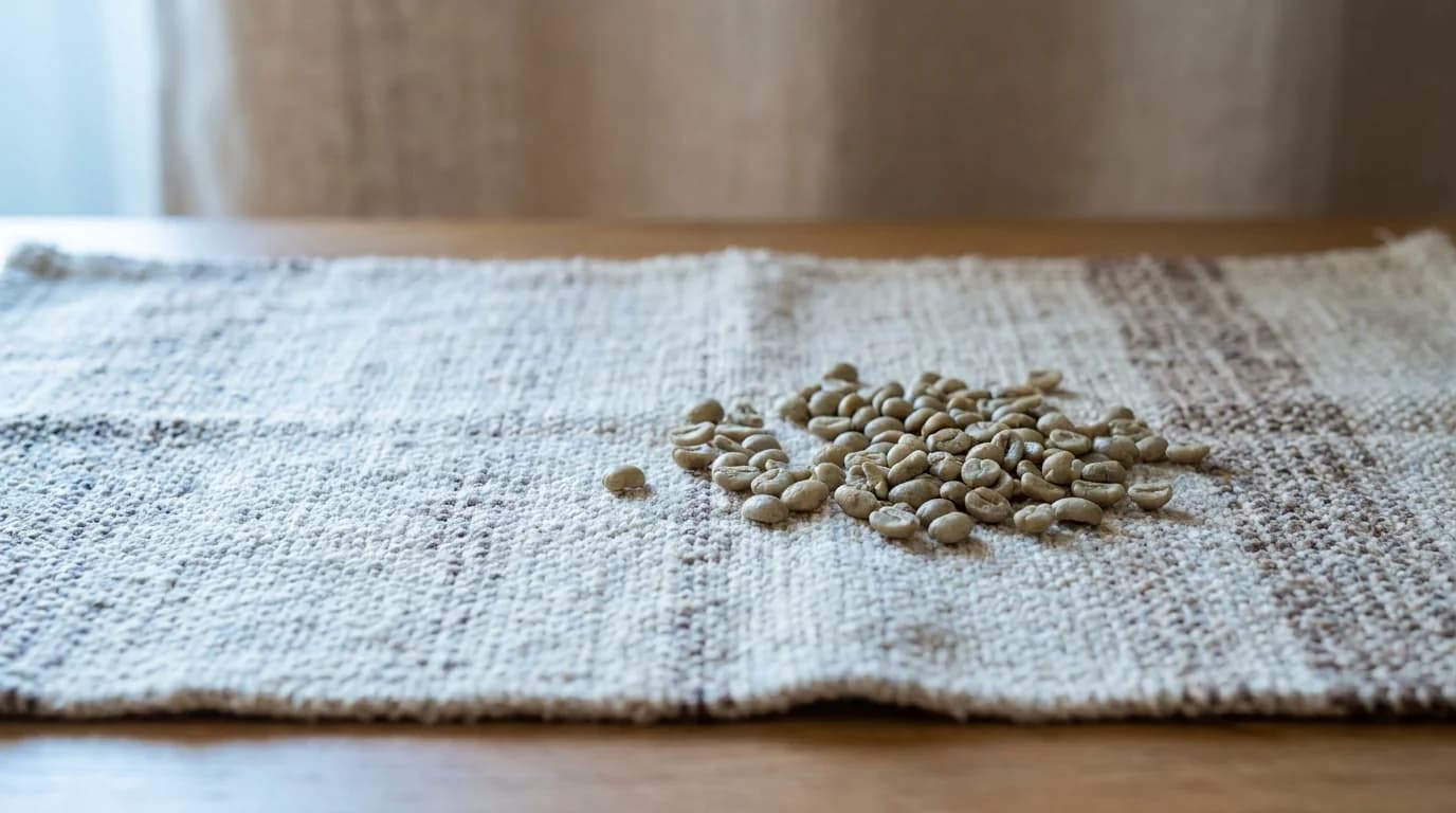 A small pile of large green unroasted coffee beans on a rough hand-woven blue textile with warm daylight from the side, minimalist earthy composition